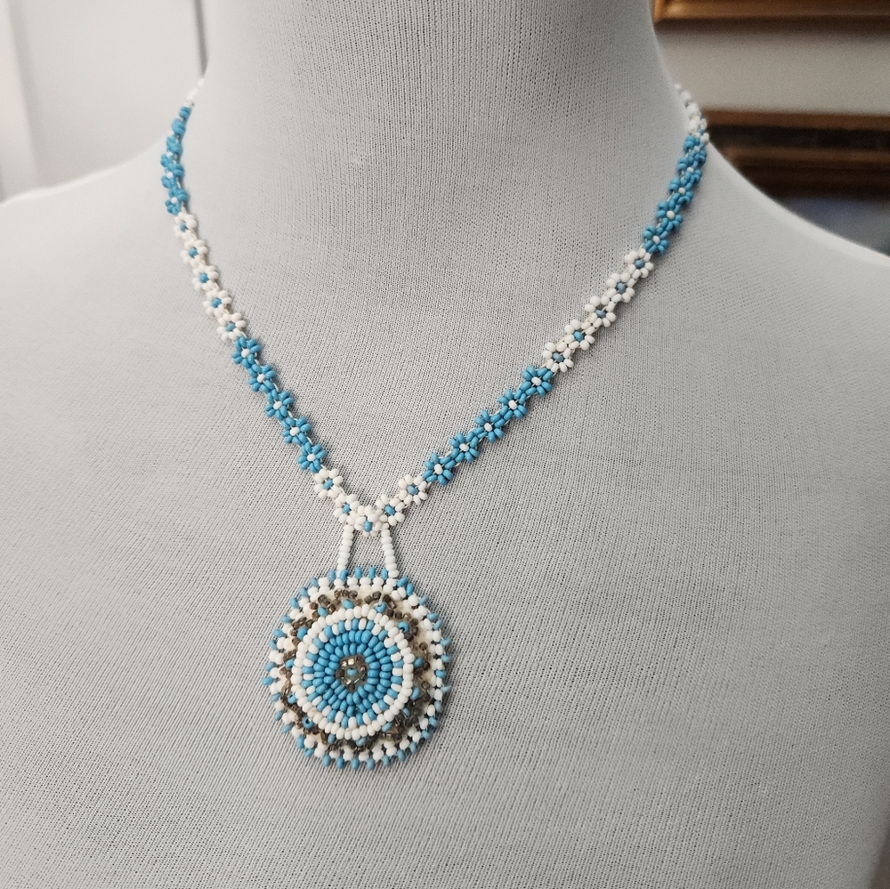 Hand Beaded Blue and White Daisy Drop Necklace